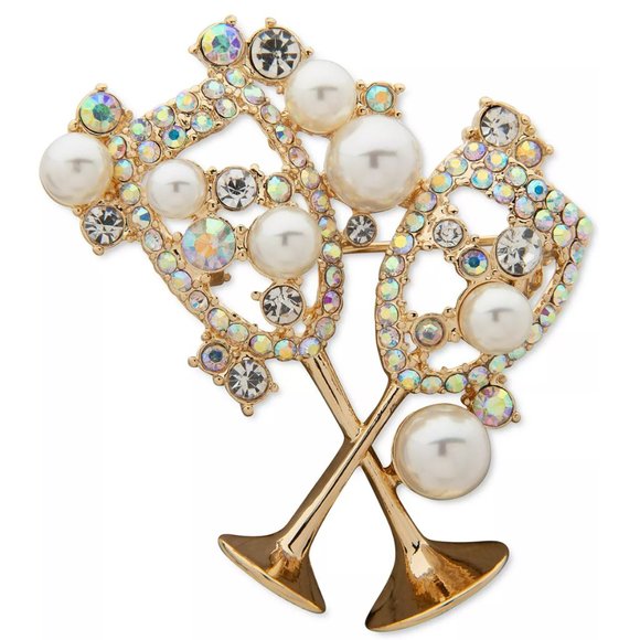 Anne Klein Gold-Tone Crystal & Imitation Pearl Cheers Pin - Picture 1 of 1